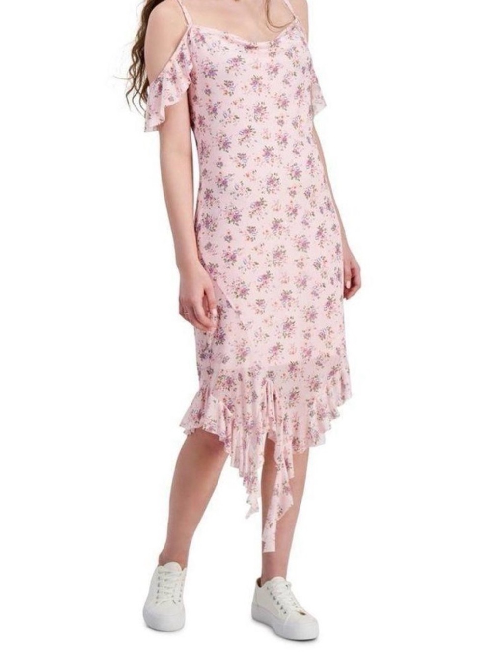 Tinseltown Pink Floral Asymmetrical Ruffle Midi Dress